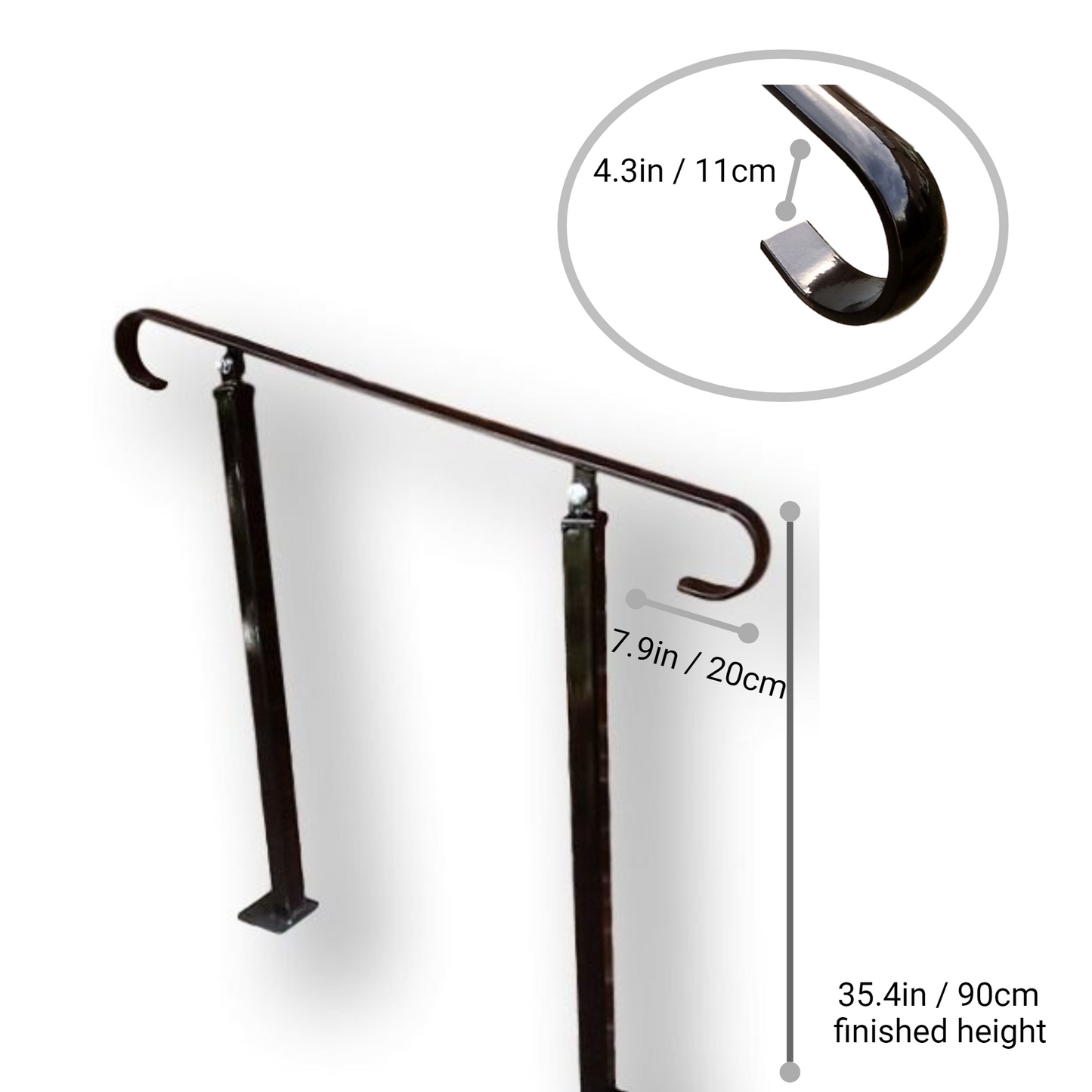 Wrought Iron Metal Handrail on Two Bolt Down Posts - Ozias - 1m - 2.4m