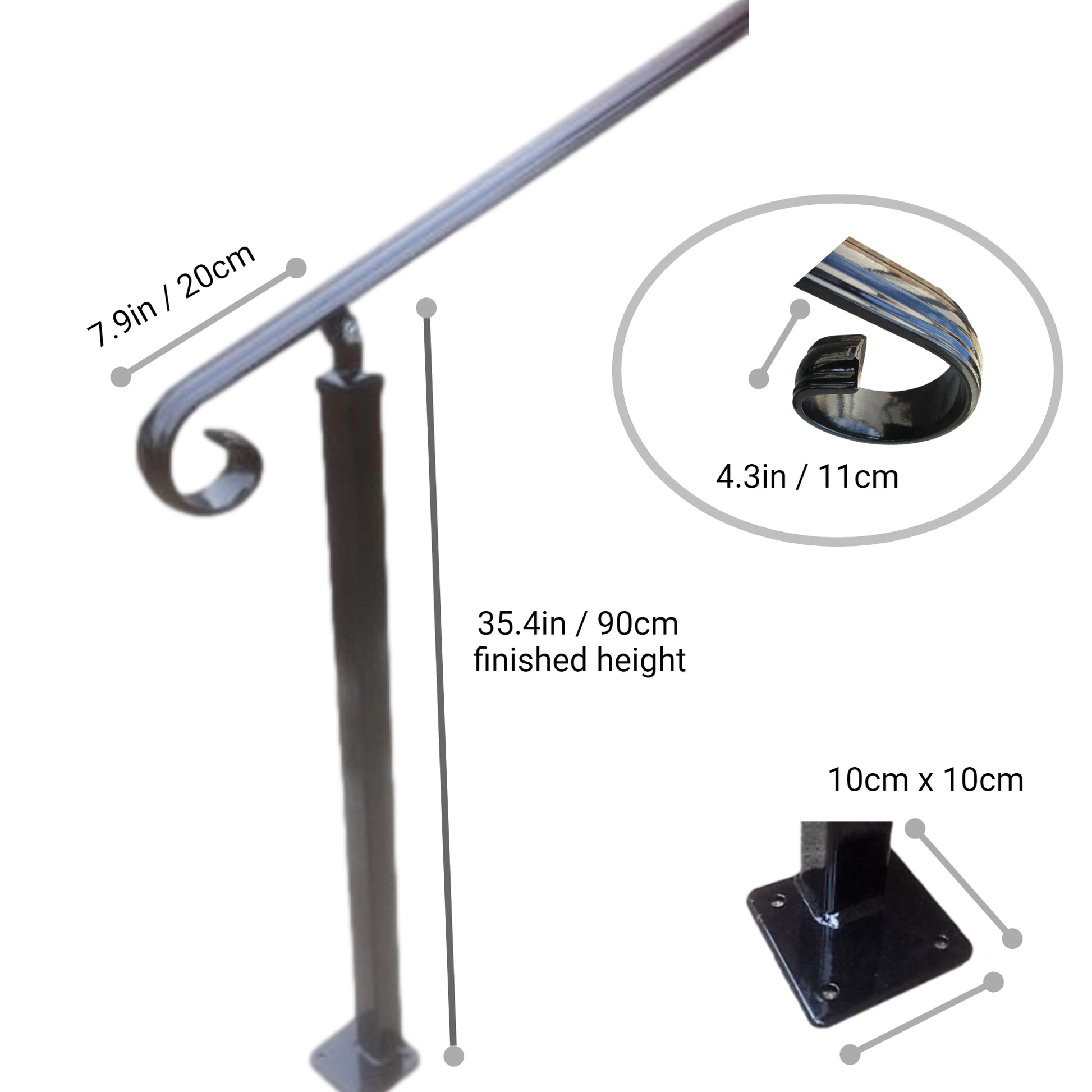 Wrought Iron Style Metal Handrail Railing With Two Posts and Wall Bracket - Amon - 2.2m - 4m