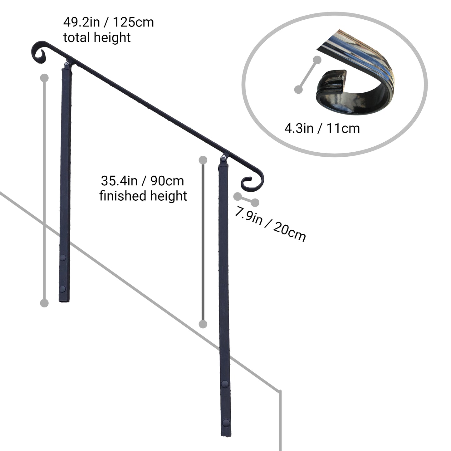 Wrought Iron Metal Handrail on Four Side Bolt Posts - Amon - 4.1m - 5.4m