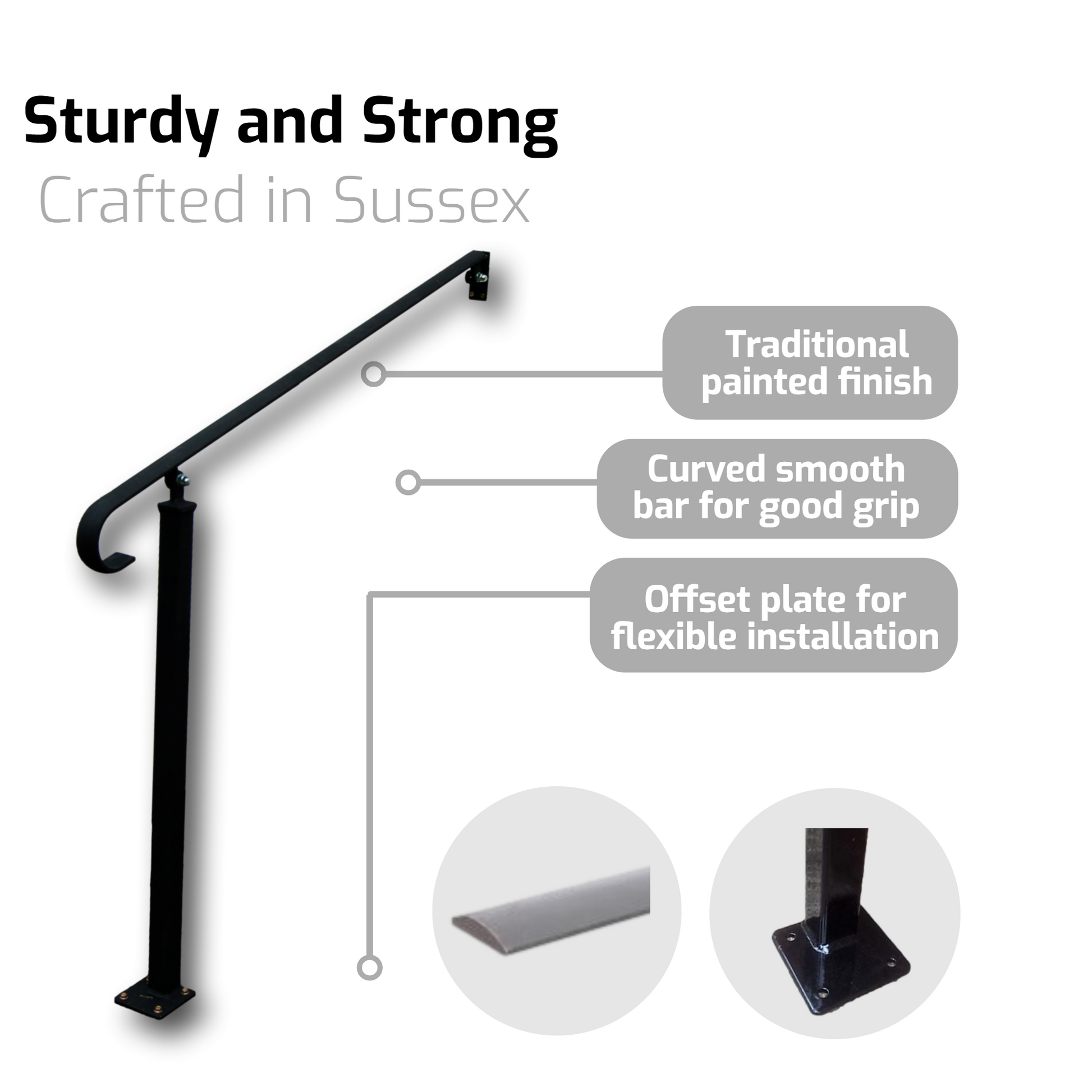 Wrought Iron Style Exterior Handrail Railing With One Bolt Down Post - Ozias - 0.8m - 2.2m