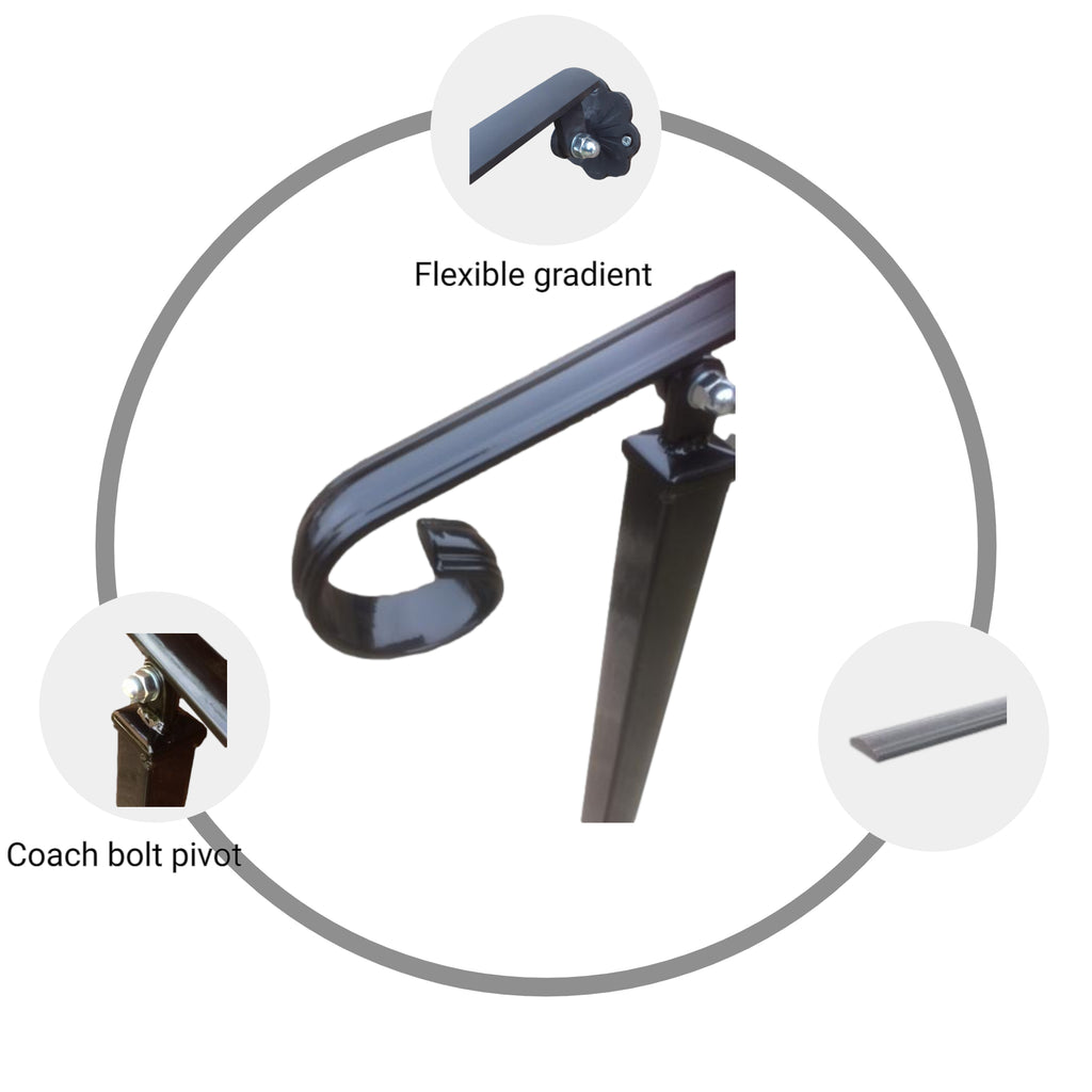 Wrought Iron Style Metal Handrail Railing With Two Posts and Wall Bracket - Amon - 2.2m - 4m