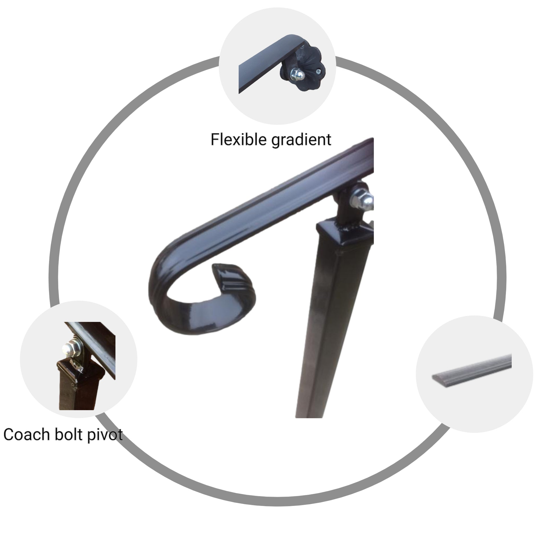 Wrought Iron Style Metal Handrail Railing With Two Posts and Wall Bracket - Amon - 2.2m - 4m