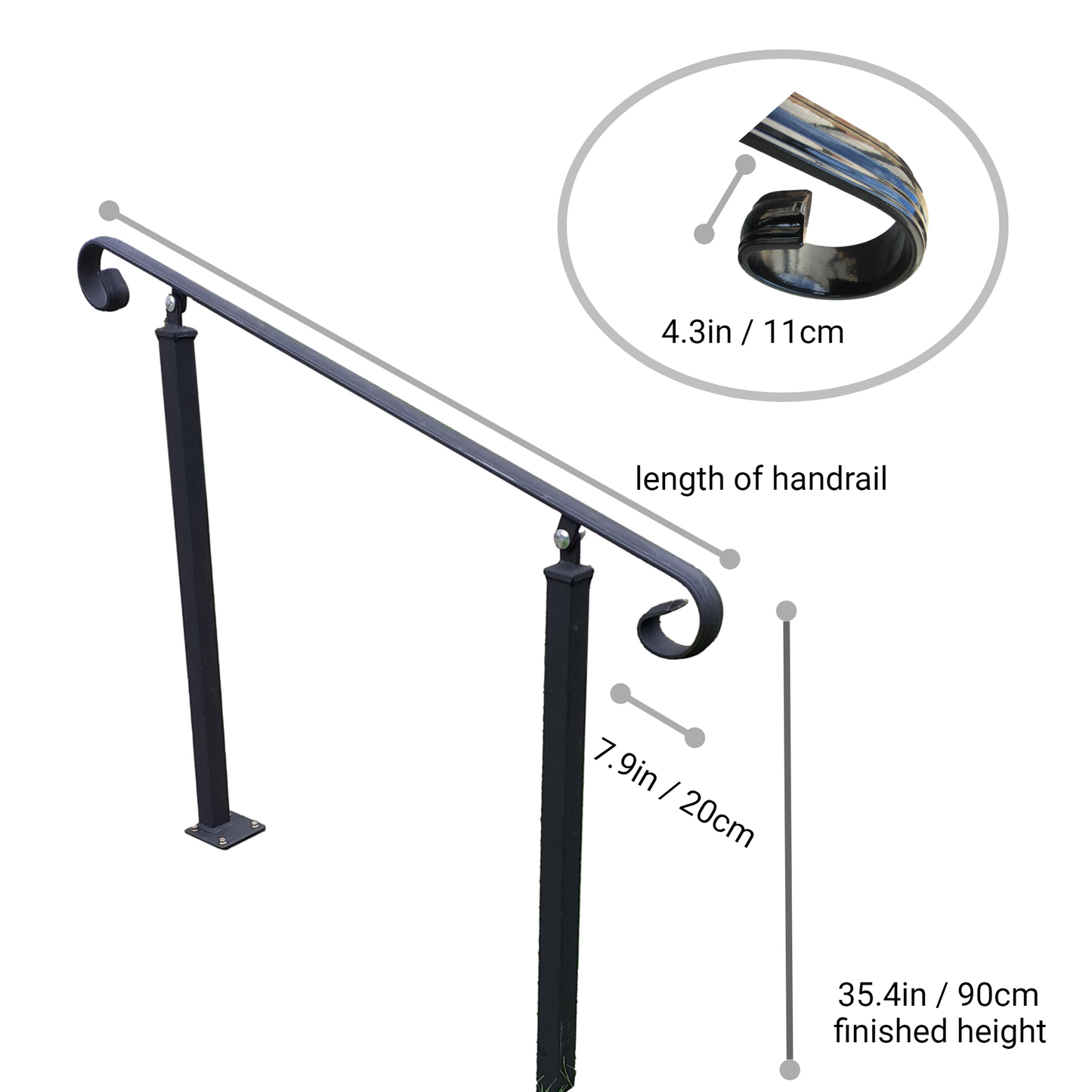 Wrought Iron Style Handrail on Two Pivoting Bolt Down Posts - Amon - 1m - 2.4m