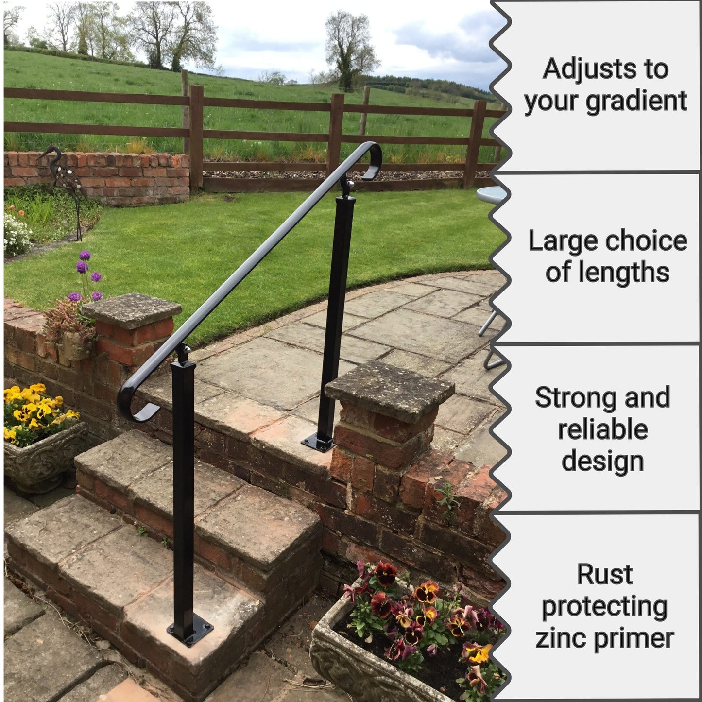 Wrought Iron Metal Handrail on Two Posts (one bolt down, one concrete in)- Ozias - 1m-2.4m